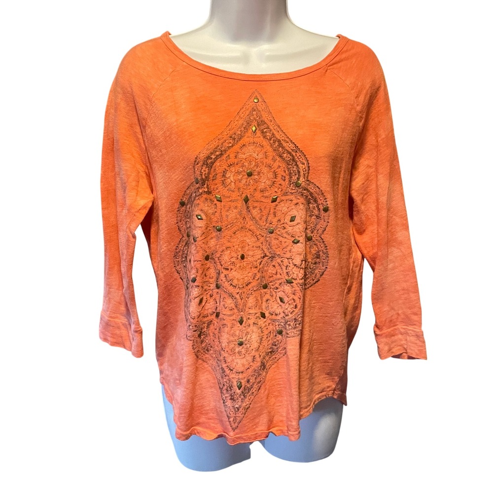 Women Lucky Brand Indie‎ Boho Mandala Graphic Artsy Studded Top Small Acid-Wash